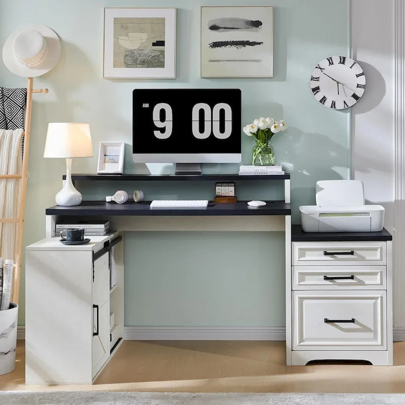 Modern Farmhouse Home Office Desk, Computer Desk with File Cabinet