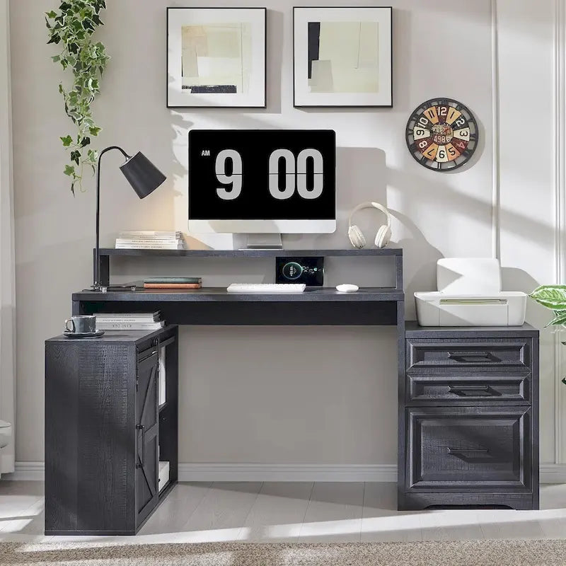 Modern Farmhouse Home Office Desk, Computer Desk with File Cabinet
