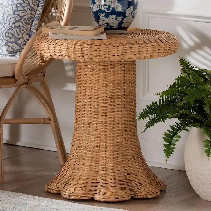Avalon Scallop Natural Rattan Side Table - Handwoven Wicker Table with Skirted Base, Coastal Style for Living Room or Hallway