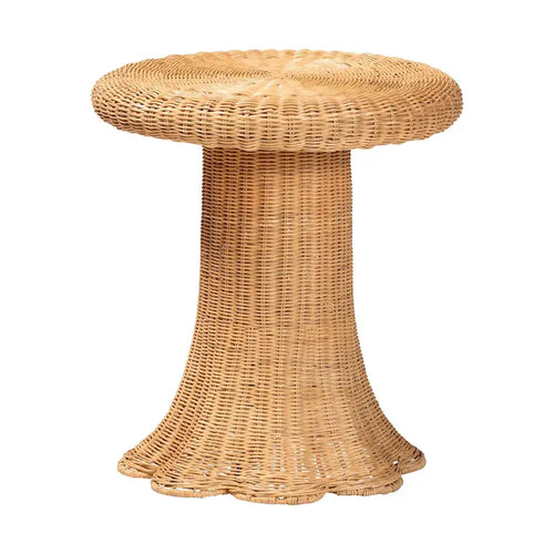 Avalon Scallop Natural Rattan Side Table - Handwoven Wicker Table with Skirted Base, Coastal Style for Living Room or Hallway