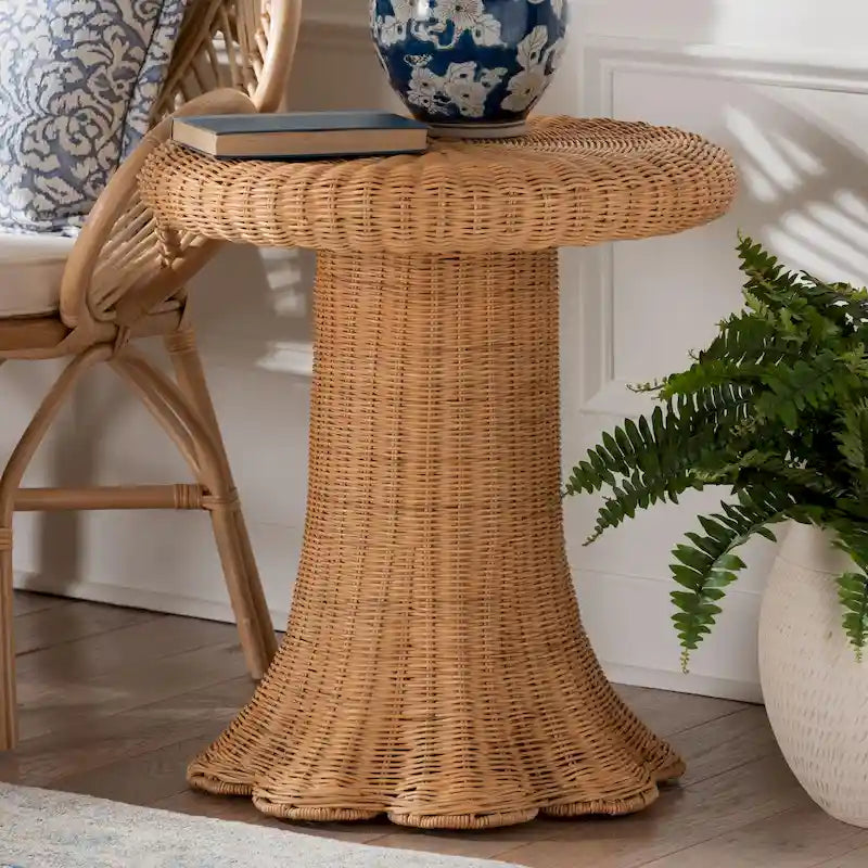 Avalon Scallop Natural Rattan Side Table - Handwoven Wicker Table with Skirted Base, Coastal Style for Living Room or Hallway