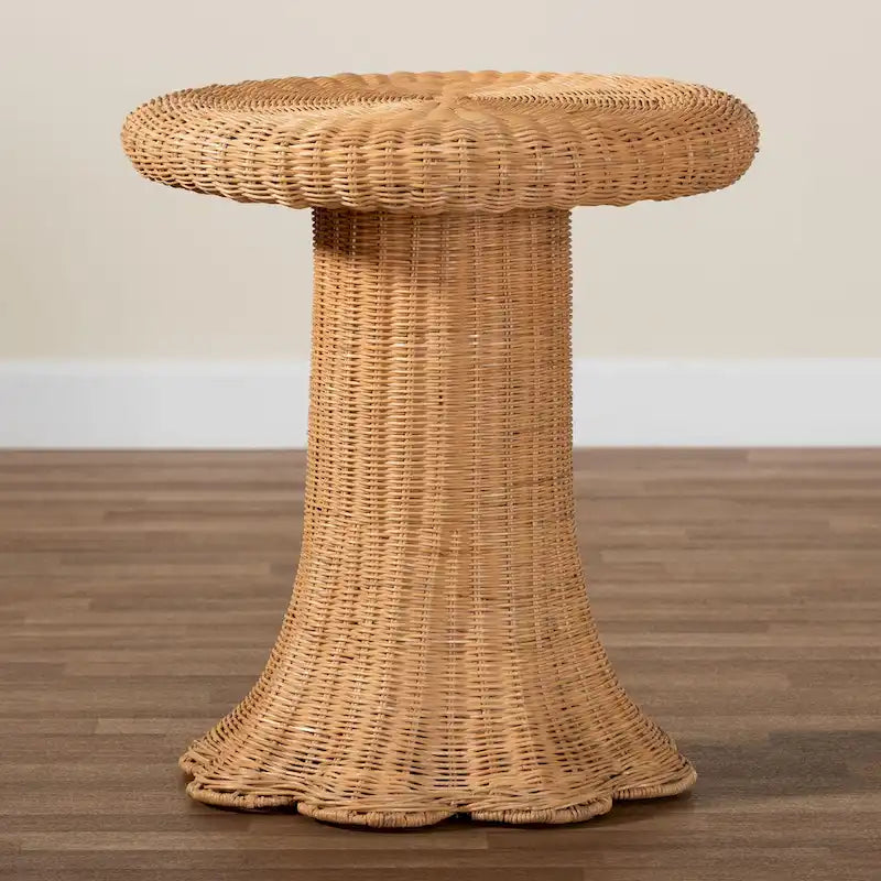 Avalon Scallop Natural Rattan Side Table - Handwoven Wicker Table with Skirted Base, Coastal Style for Living Room or Hallway