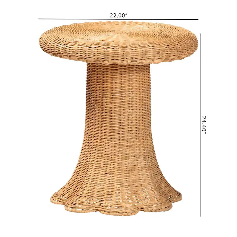 Avalon Scallop Natural Rattan Side Table - Handwoven Wicker Table with Skirted Base, Coastal Style for Living Room or Hallway