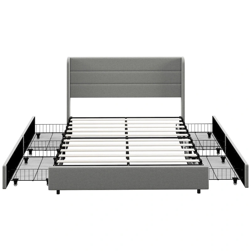 Queen Size Storage Bed with 4 Drawers, 730lb Capacity & Linen Headboard