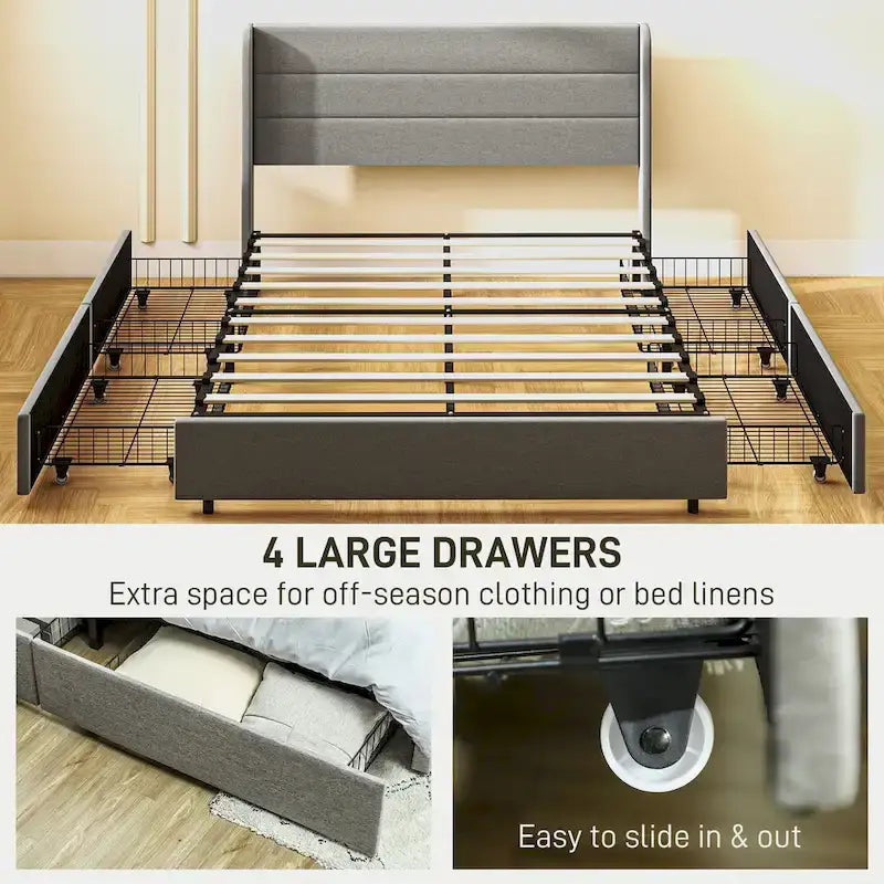 Queen Size Storage Bed with 4 Drawers, 730lb Capacity & Linen Headboard