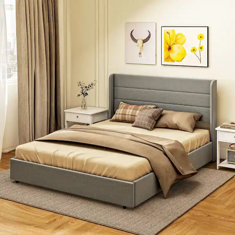 Queen Size Storage Bed with 4 Drawers, 730lb Capacity & Linen Headboard