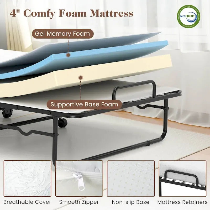 Costway Folding Bed with Mattress 74 x 31 Cot Size Rolling Guest Bed