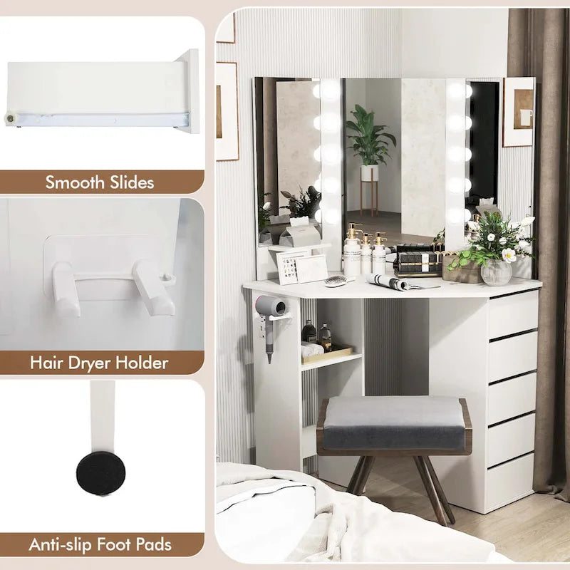 Costway Corner Vanity Desk Cosmetic Vanity Station with LED Mirror,& - See Details
