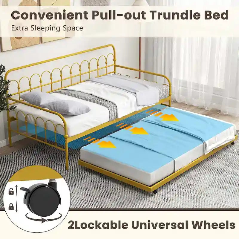 Costway Twin Size Metal Daybed with Trundle Space-Saving Sofa Bed