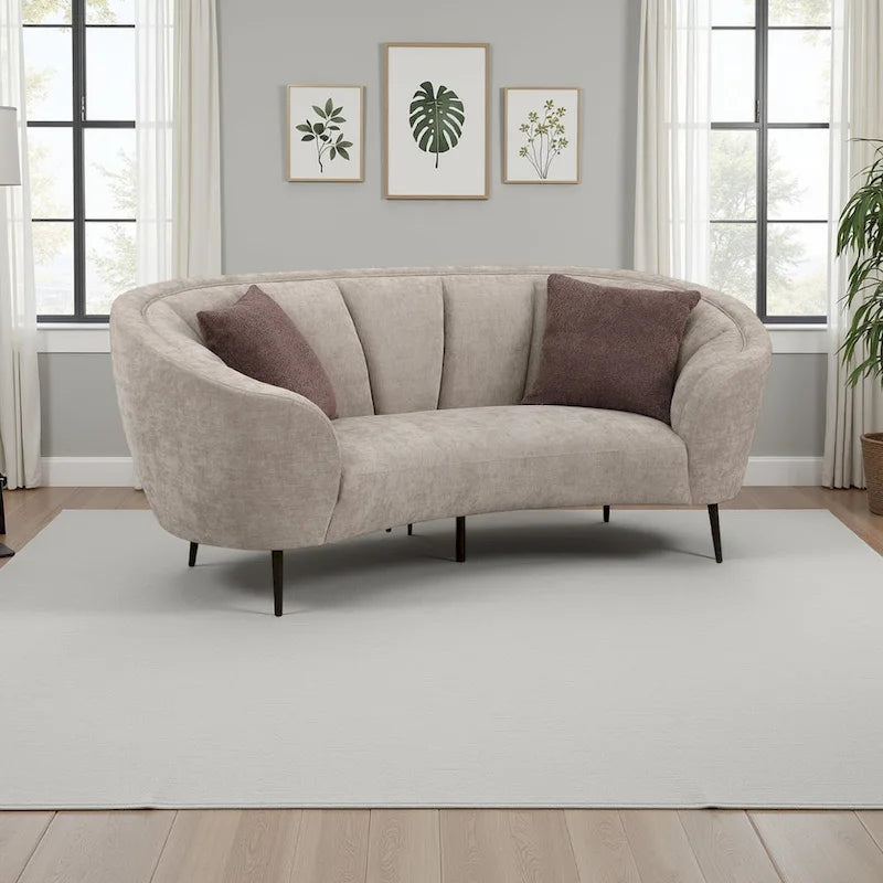 Zui Curved Loveseat, 84 Inch Beige, Round Design, 2 Accent Pillows
