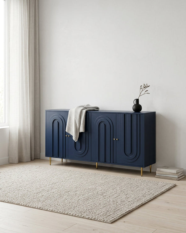 Sideboard mit 4 Türen, Holzschrank mit goldenen Knöpfen und Füßen, Kommode für den Flur mit verstellbaren Einlegeböden