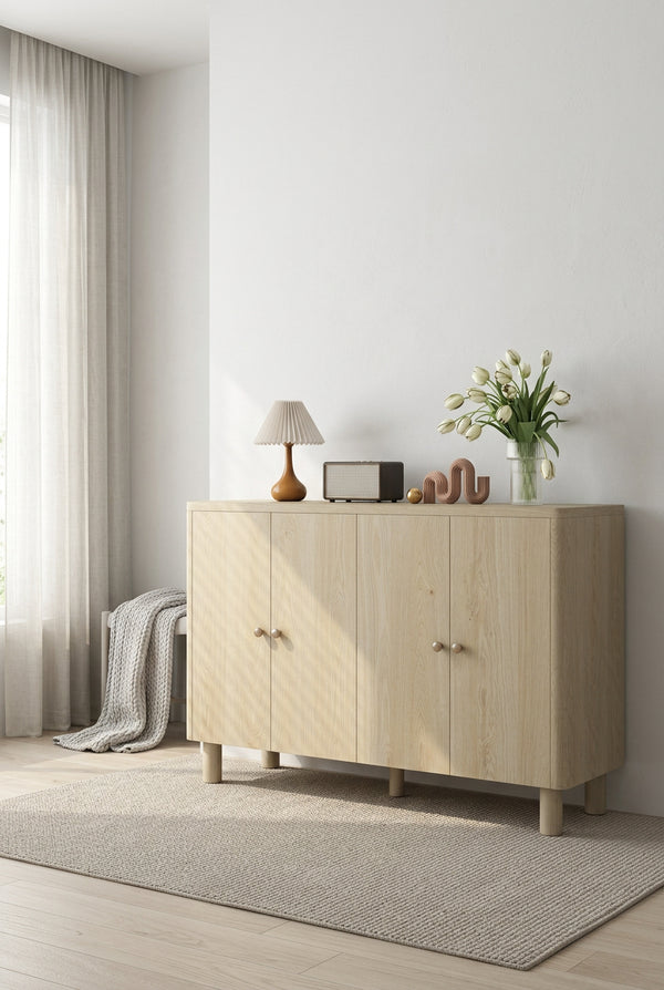 4-Door Buffet Cabinet with Storage, Wood Sideboard Cabinet with Unique Arc Handles and Adjustable Shelves