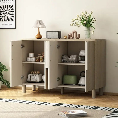 4-Door Buffet Cabinet with Storage, Wood Sideboard Cabinet with Unique Arc Handles and Adjustable Shelves