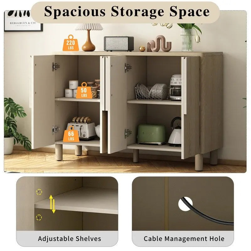 4-Door Buffet Cabinet with Storage, Wood Sideboard Cabinet with Unique Arc Handles and Adjustable Shelves