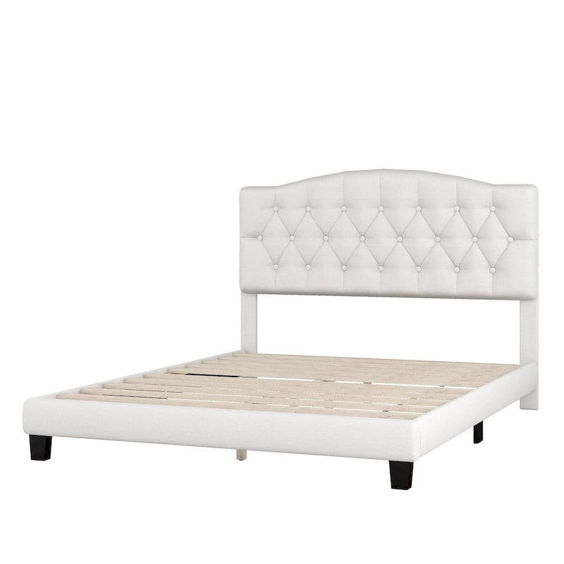 Platform Bed Frame with Saddle Curved Headboard, Modern Medieval Royal Style Platform Bed with Diamond Tufted Details