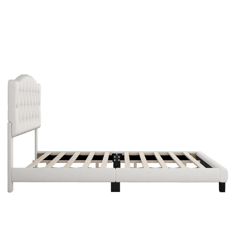 Platform Bed Frame with Saddle Curved Headboard, Modern Medieval Royal Style Platform Bed with Diamond Tufted Details