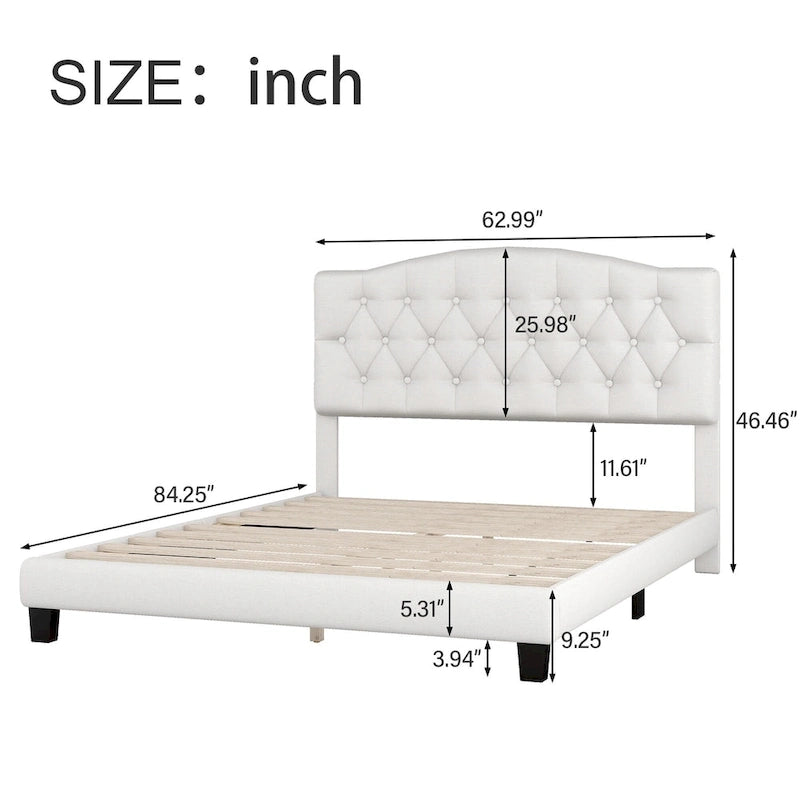 Platform Bed Frame with Saddle Curved Headboard, Modern Medieval Royal Style Platform Bed with Diamond Tufted Details