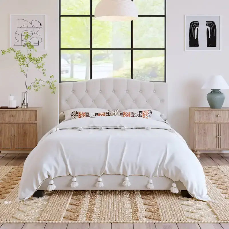 Platform Bed Frame with Saddle Curved Headboard, Modern Medieval Royal Style Platform Bed with Diamond Tufted Details