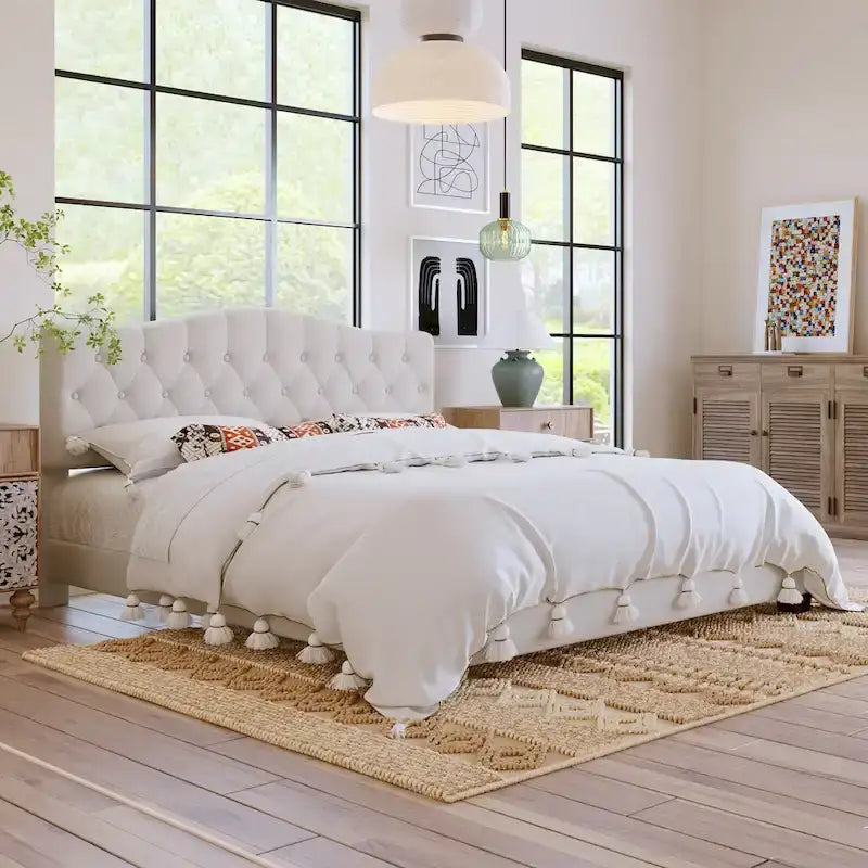 Platform Bed Frame with Saddle Curved Headboard, Modern Medieval Royal Style Platform Bed with Diamond Tufted Details
