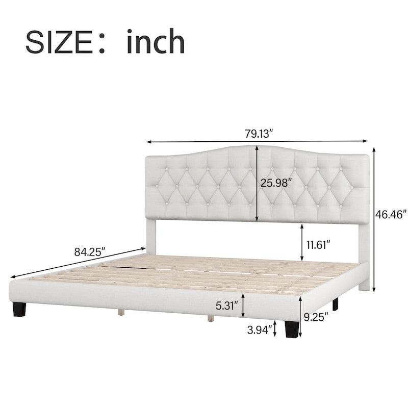 Platform Bed Frame with Saddle Curved Headboard, Modern Medieval Royal Style Platform Bed with Diamond Tufted Details