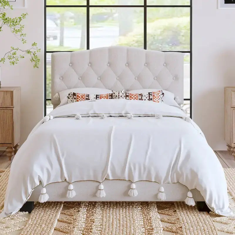 Platform Bed Frame with Saddle Curved Headboard, Modern Medieval Royal Style Platform Bed with Diamond Tufted Details