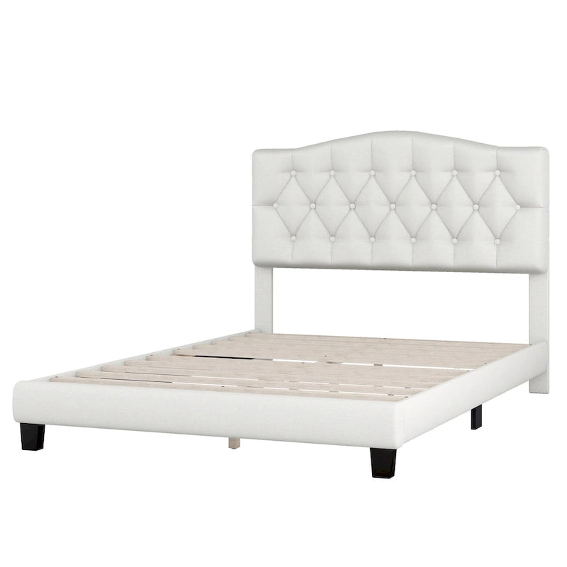 Platform Bed Frame with Saddle Curved Headboard, Modern Medieval Royal Style Platform Bed with Diamond Tufted Details