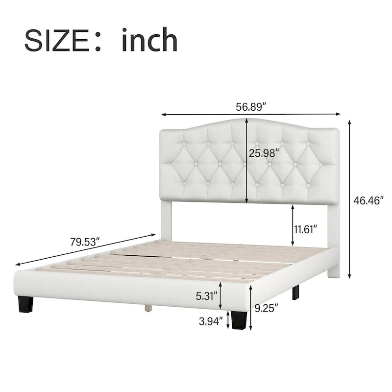 Platform Bed Frame with Saddle Curved Headboard, Modern Medieval Royal Style Platform Bed with Diamond Tufted Details