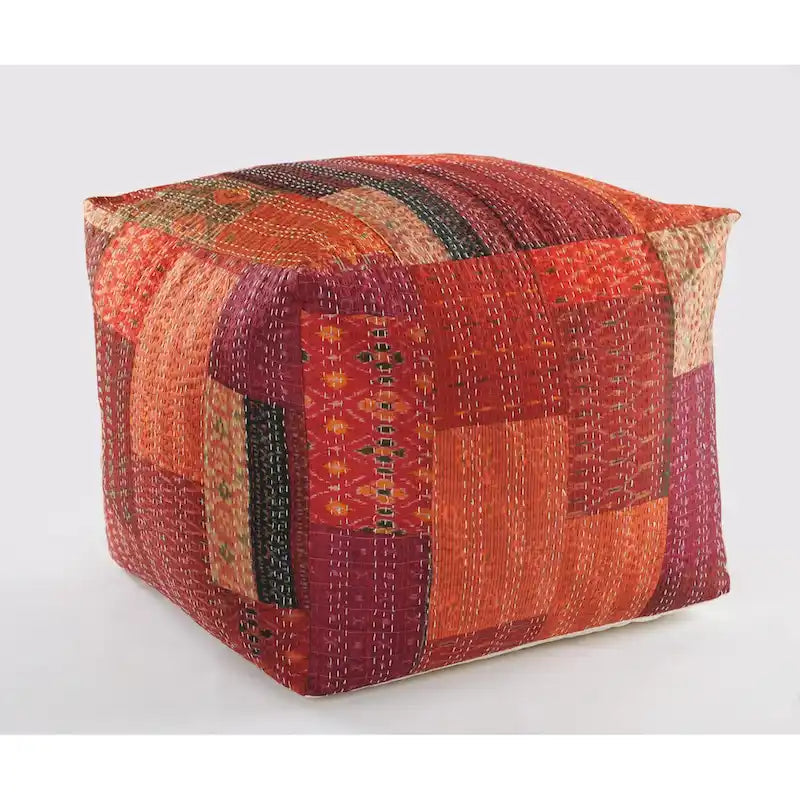 24 Square Red Pouf Ottoman with Cotton Blend Upholstery and Modern Patchwork Design Great for Footrest
