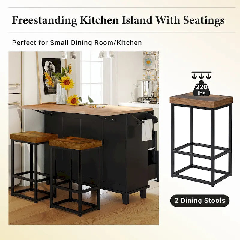 Topmax Farmhouse Kitchen Island Set With Drop Leaf And 2 Seatings
