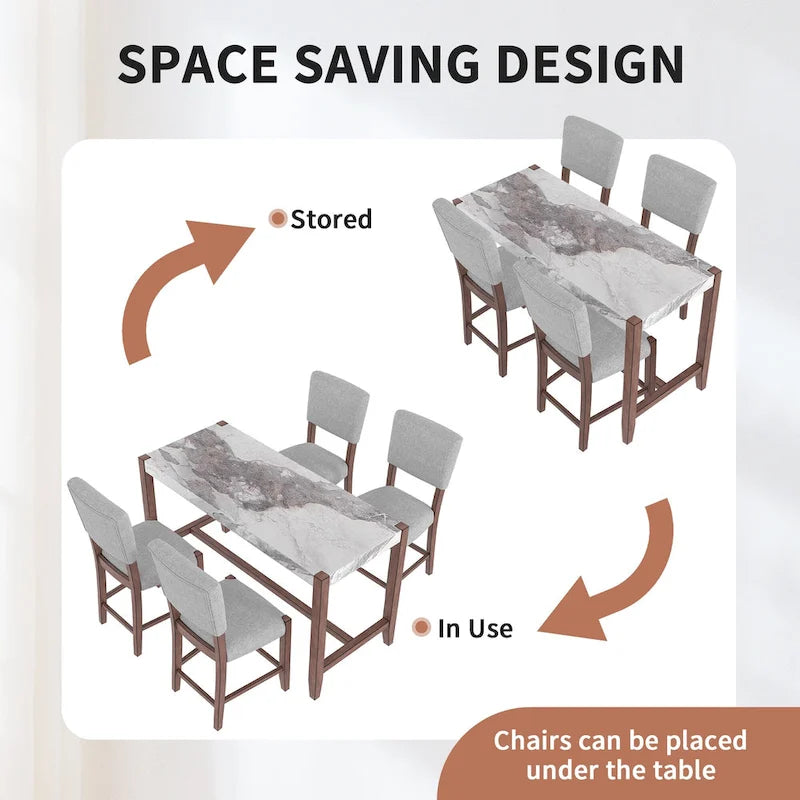 5-Piece Counter Height Dining Table Set, Faux Marble Bar Table and 4 Upholstered-Seat Chairs