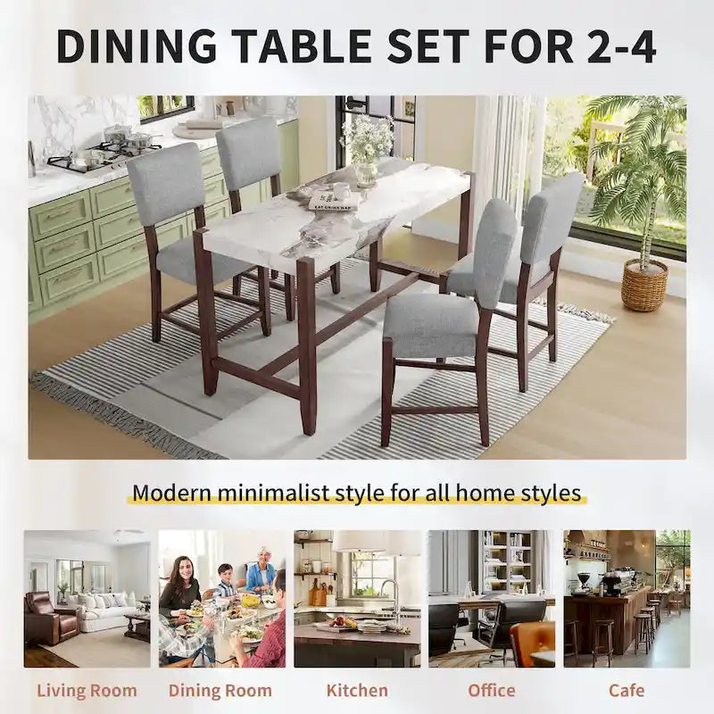 5-Piece Counter Height Dining Table Set, Faux Marble Bar Table and 4 Upholstered-Seat Chairs