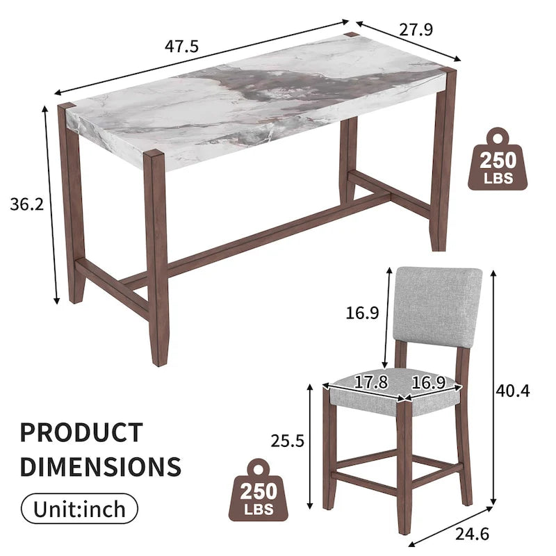 5-Piece Counter Height Dining Table Set, Faux Marble Bar Table and 4 Upholstered-Seat Chairs