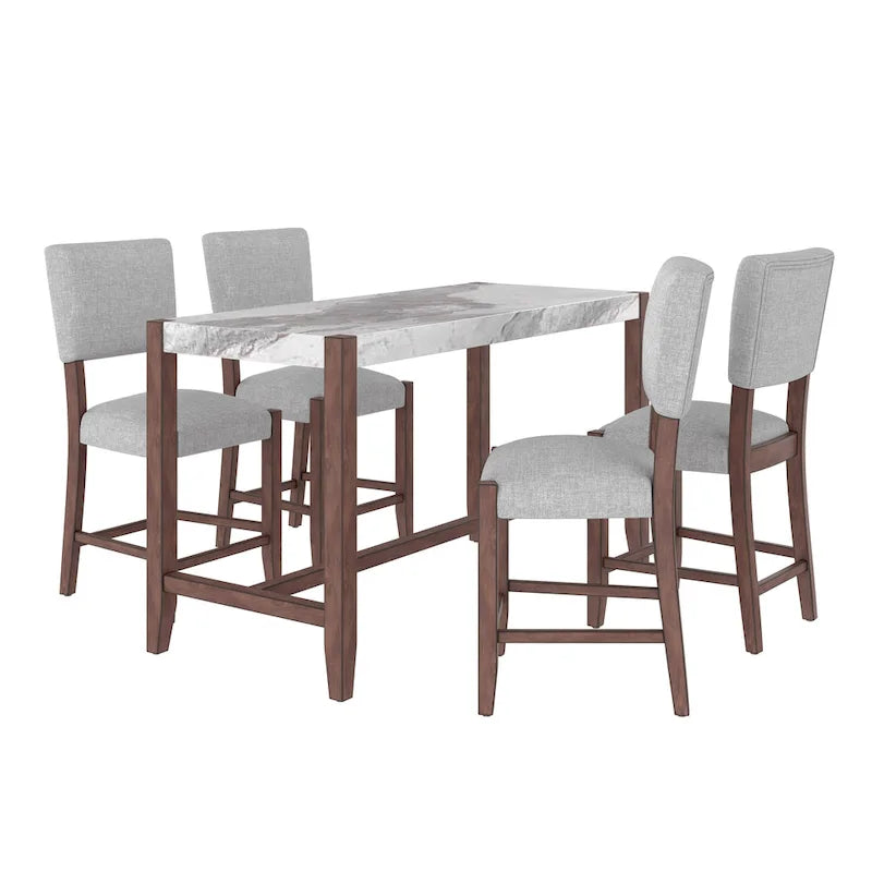 5-Piece Counter Height Dining Table Set, Faux Marble Bar Table and 4 Upholstered-Seat Chairs