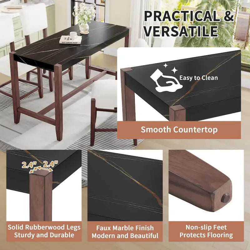 5-Piece Counter Height Dining Table Set, Faux Marble Bar Table and 4 Upholstered-Seat Chairs