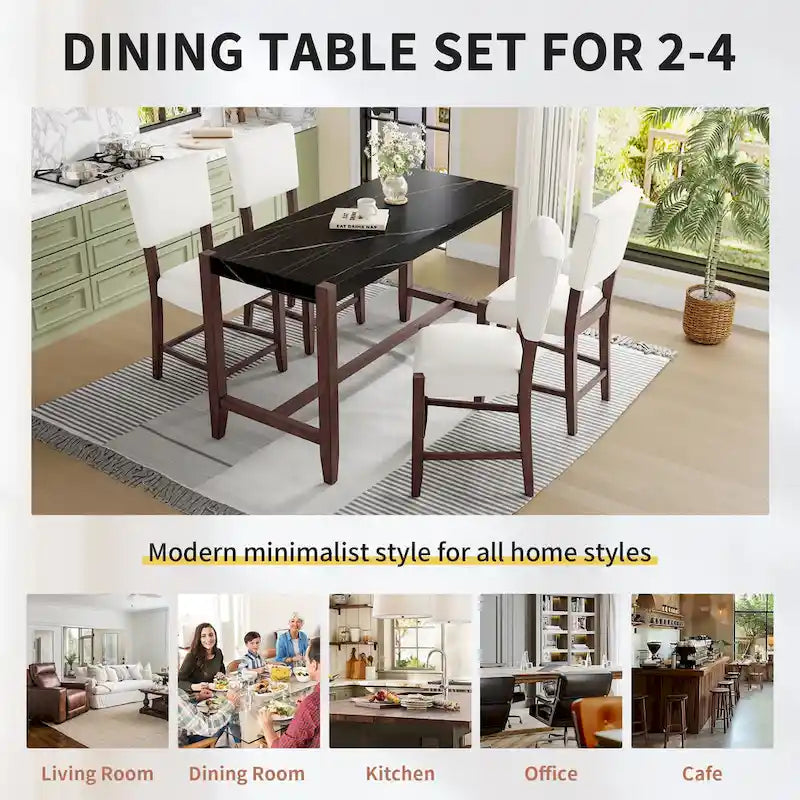 5-Piece Counter Height Dining Table Set, Faux Marble Bar Table and 4 Upholstered-Seat Chairs
