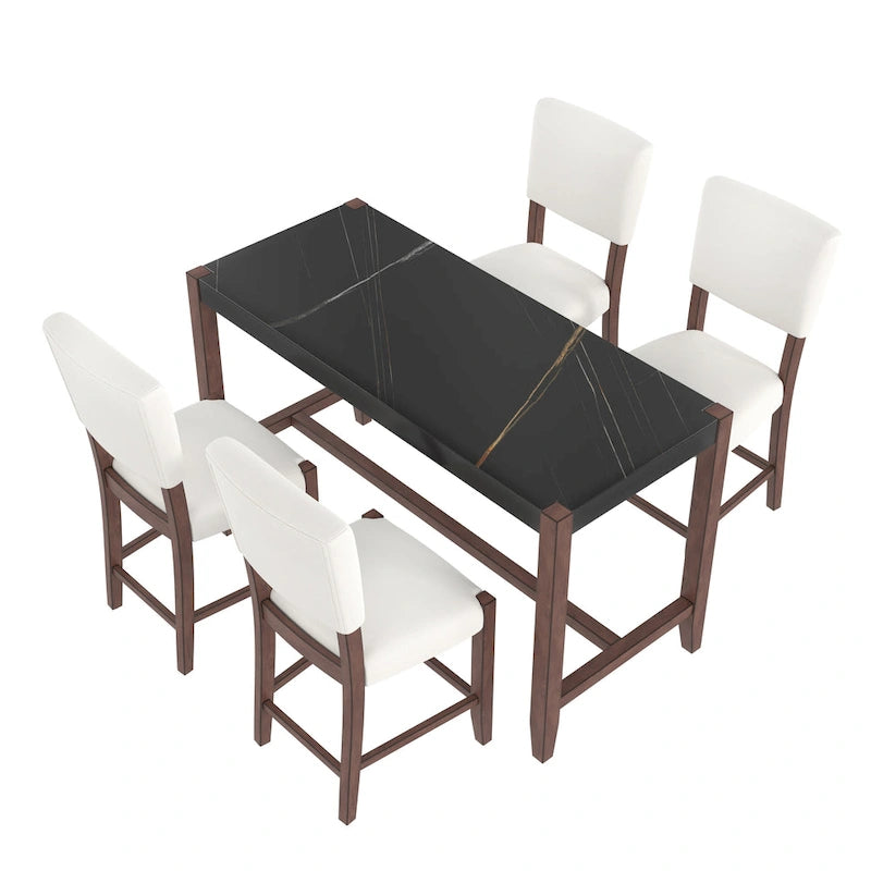5-Piece Counter Height Dining Table Set, Faux Marble Bar Table and 4 Upholstered-Seat Chairs