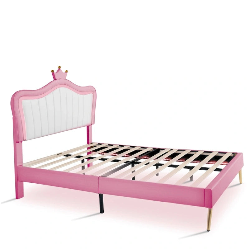 Pink Full Size LED Crown Headboard Platform Bed: Constructed with MDF, Plywood, PU, Metal, Bearing 600LBS
