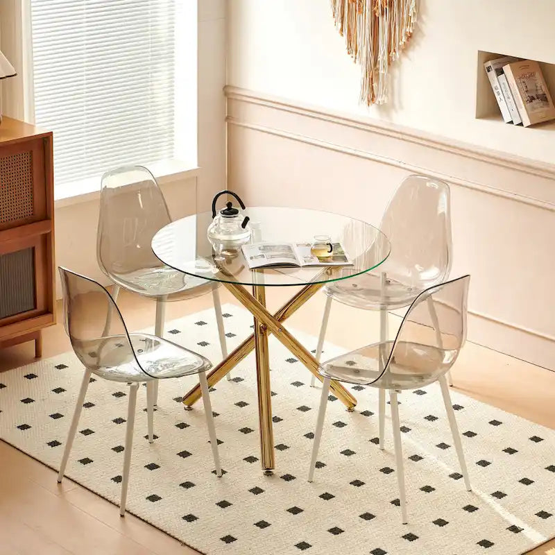 Modern 5-Piece Dining Set with Round Glass Metal Pedestal Table & 4 Transparent Chairs
