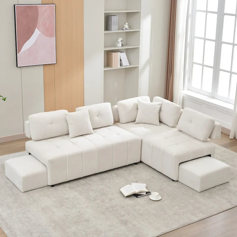 91.73 L-Shaped 4 Seater Sectional Sofa with 2 Hidden Stools, 2 Removable Lumbar Pillows, and Durable Chenille Upholstery