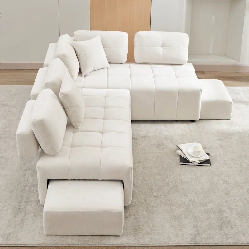 91.73 L-Shaped 4 Seater Sectional Sofa with 2 Hidden Stools, 2 Removable Lumbar Pillows, and Durable Chenille Upholstery