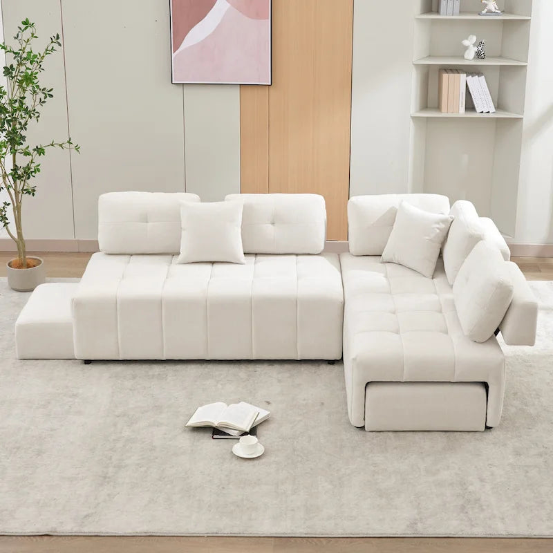91.73 L-Shaped 4 Seater Sectional Sofa with 2 Hidden Stools, 2 Removable Lumbar Pillows, and Durable Chenille Upholstery