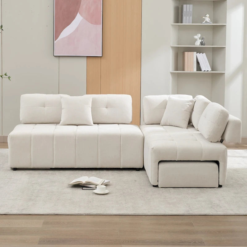 91.73 L-Shaped 4 Seater Sectional Sofa with 2 Hidden Stools, 2 Removable Lumbar Pillows, and Durable Chenille Upholstery