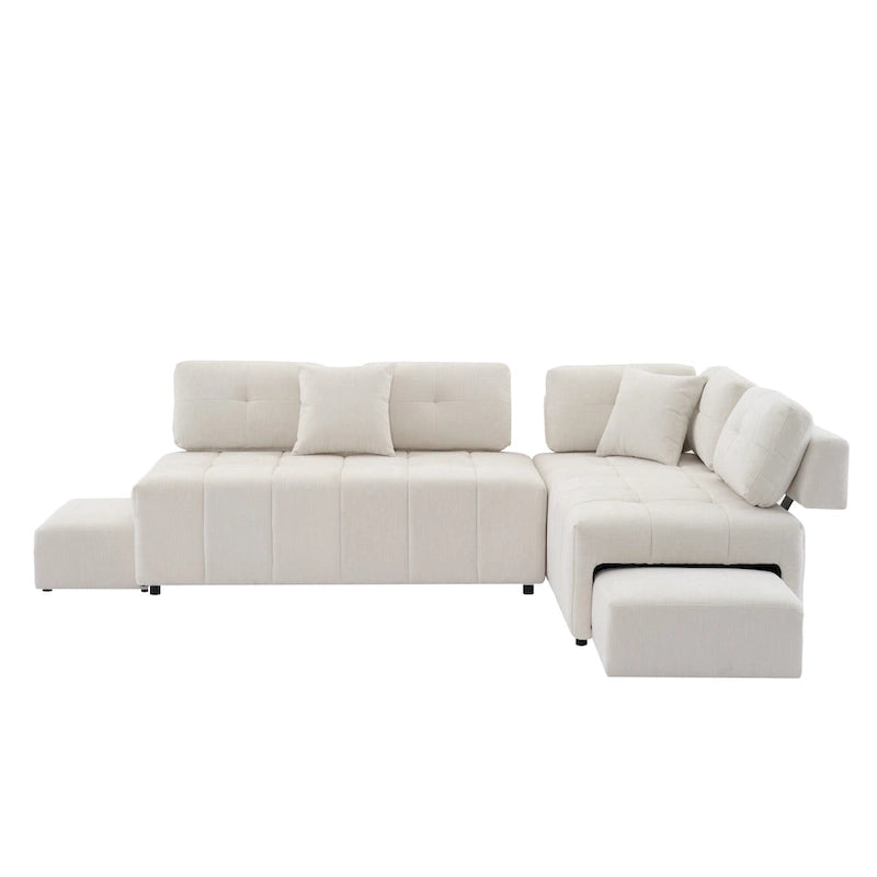 91.73 L-Shaped 4 Seater Sectional Sofa with 2 Hidden Stools, 2 Removable Lumbar Pillows, and Durable Chenille Upholstery