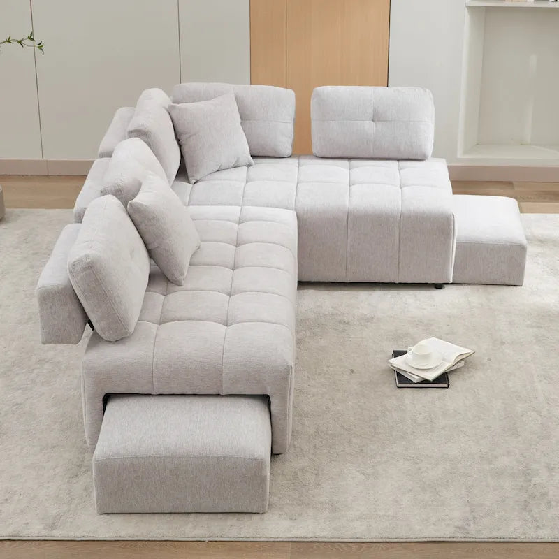 91.73 L-Shaped 4 Seater Sectional Sofa with 2 Hidden Stools, 2 Removable Lumbar Pillows, and Durable Chenille Upholstery