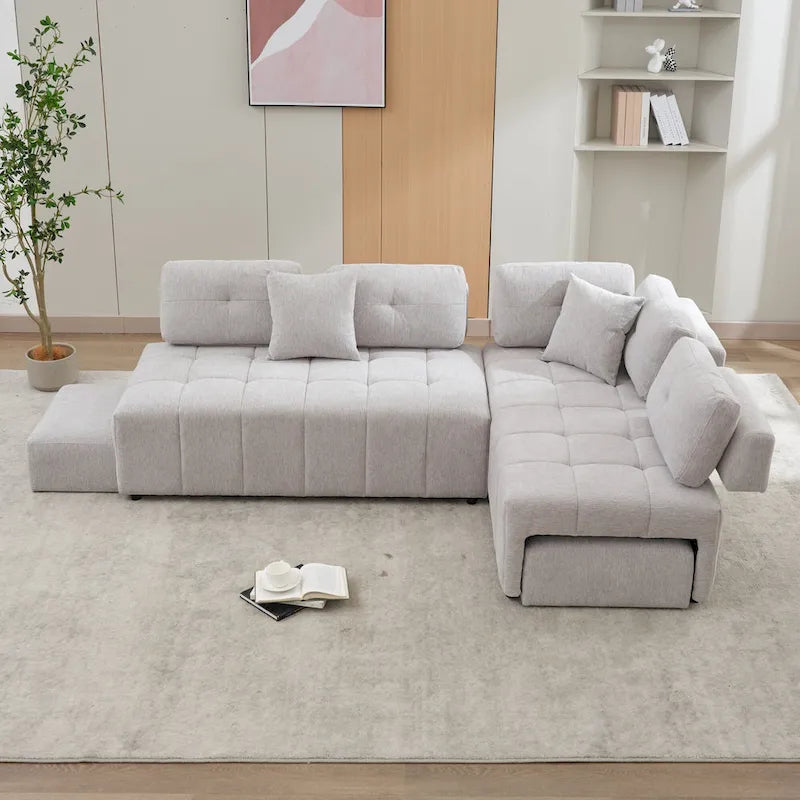 91.73 L-Shaped 4 Seater Sectional Sofa with 2 Hidden Stools, 2 Removable Lumbar Pillows, and Durable Chenille Upholstery