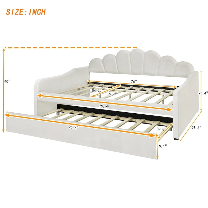 White Full Upholstery Daybed with Shell Shaped Backrest and Trundle