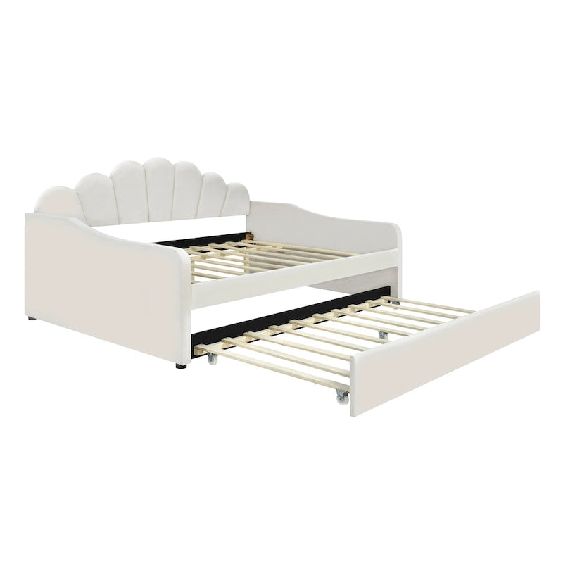 White Full Upholstery Daybed with Shell Shaped Backrest and Trundle