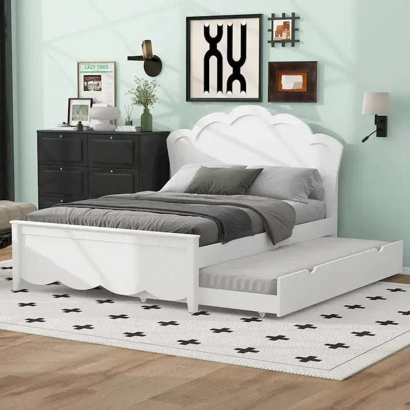 White Full Size Modern Wood Platform Bed with Headboard & Twin Trundle