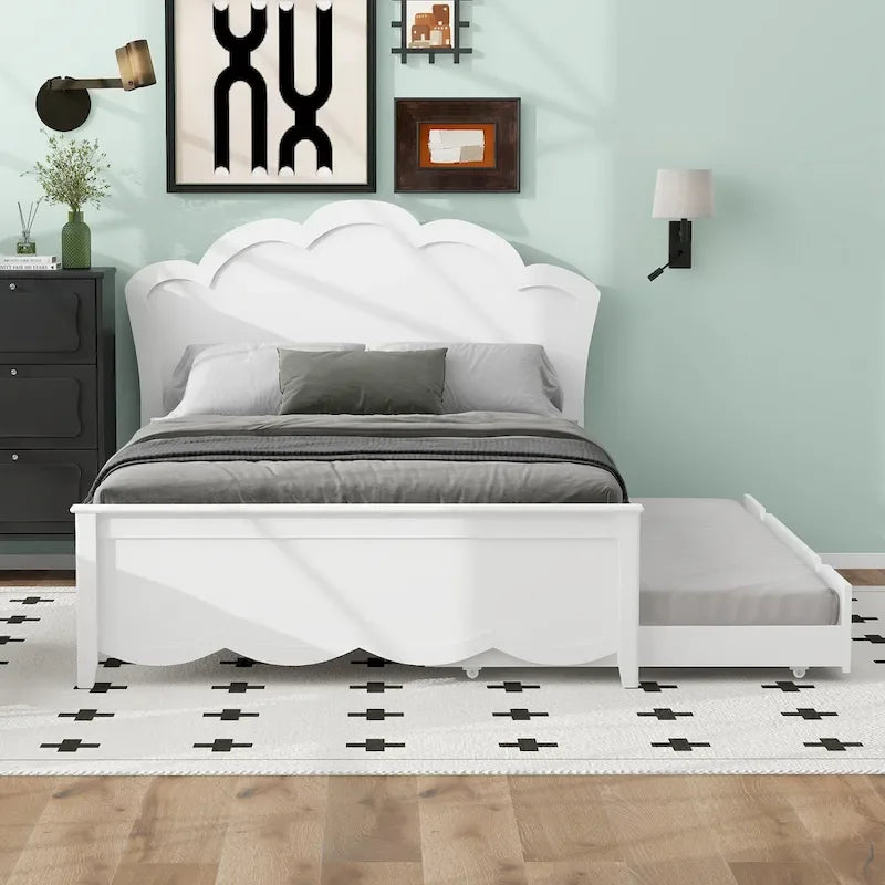 White Full Size Modern Wood Platform Bed with Headboard & Twin Trundle