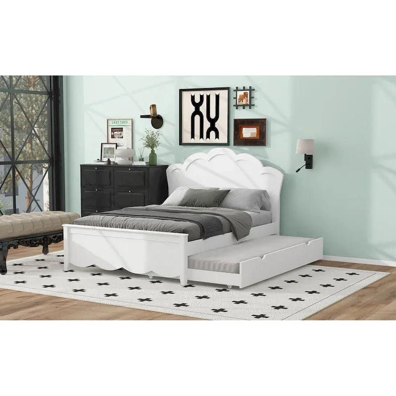 White Full Size Modern Wood Platform Bed with Headboard & Twin Trundle